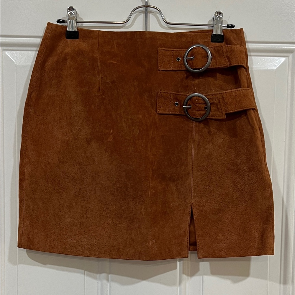 Blank NYC Rust Brown Suede Mini Skirt with Buckle Straps